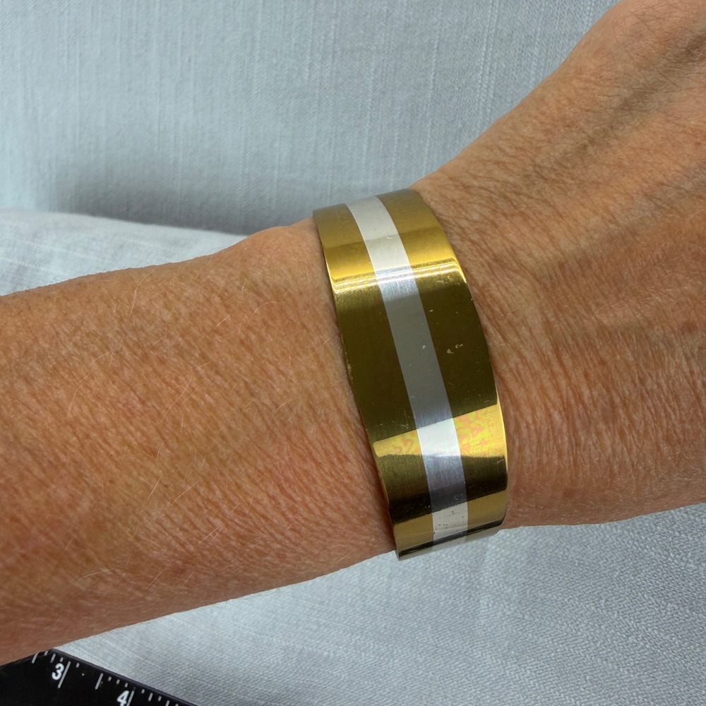 Lillian Vernon Cuff Bracelet Women OS 1976 Vntg Gold Tone Sterling Silver Inlay